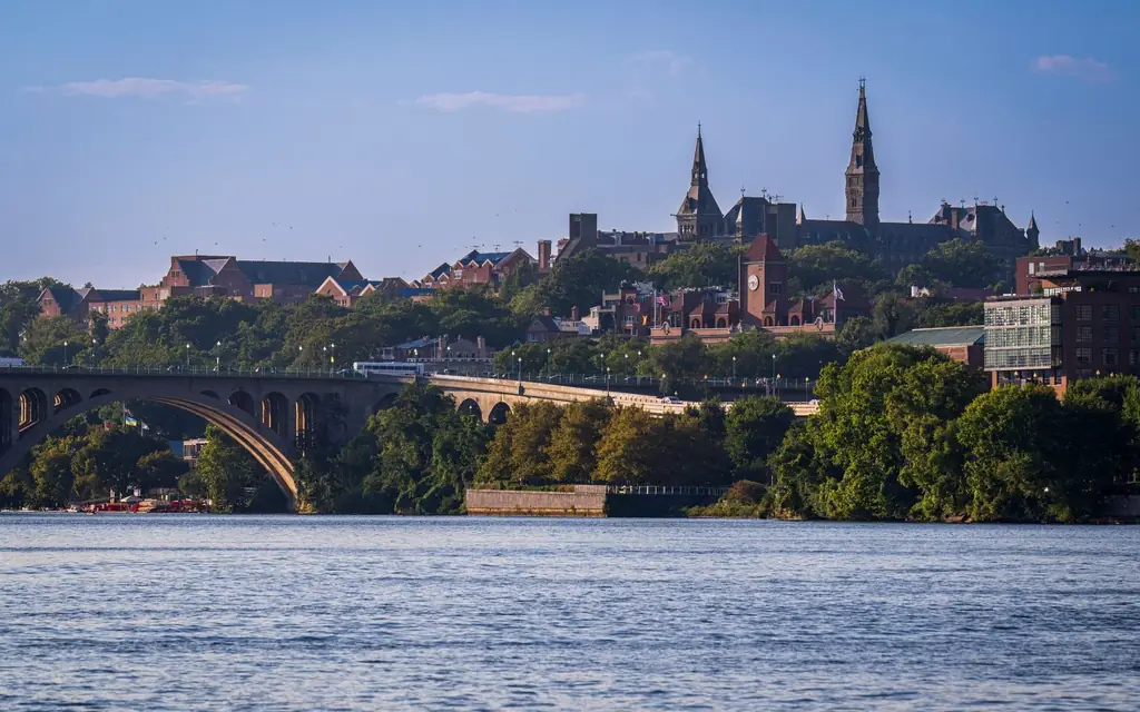 Scenic view of Key Memorial Bridge and Georgetown University over Potomac River in Washington DC.