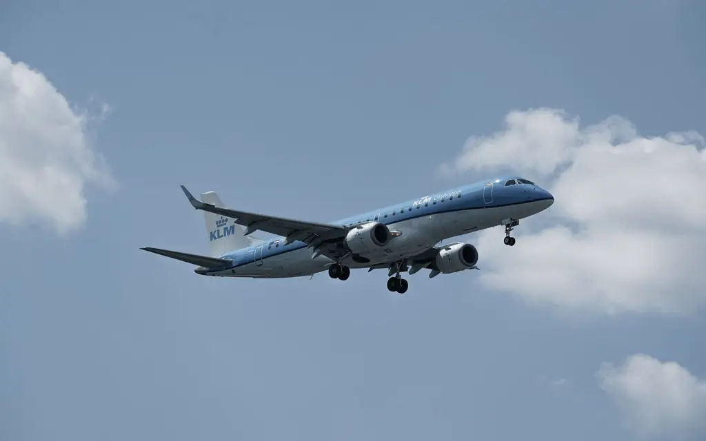 KLM airplane majestically descending through the clear Hamburg sky, showcasing the beauty of air travel.